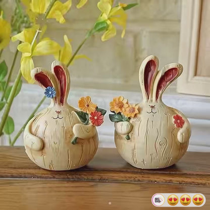Hand Painted Resin Bunny Figurines  -  Set of 2, Easter Lawn Patio Garden Decor