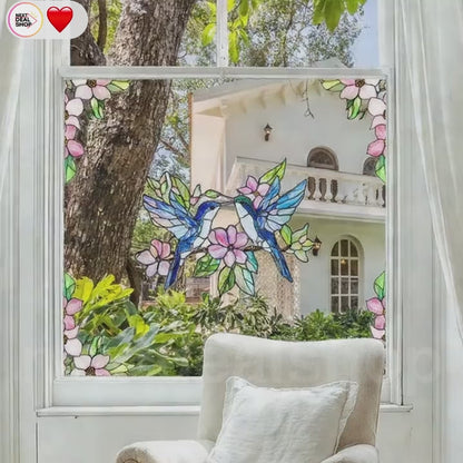 Colorful Hummingbird Flower Window Cling  -  Window Decor