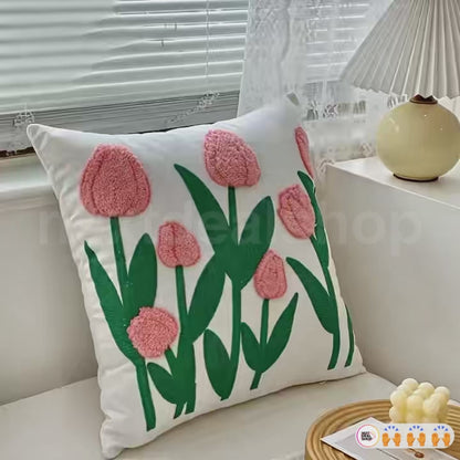 Embroidered Tulip Flower Pillow Cover  -  17.7 x 17.7 Inch, Novelty Sofa & Couch Indoor Home Decor