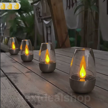 Solar Powered Stainless Steel Flickering LED Candle Light - Waterproof Outdoor Table Decor
