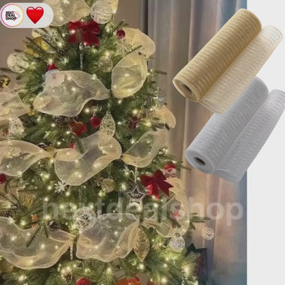 Elegant Christmas Mesh Tree Ribbon  -  30 Ft, Festive Holiday Wreath & Tree Decor