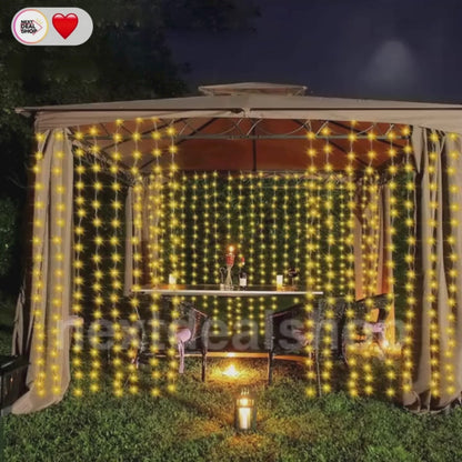 Solar Powered Warm White LED Fairy Curtain Lights, - Waterproof Outdoor Window Patio Garden Holiday Lighting