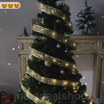 Battery Powered LED Light Up Christmas Ribbon - 32ft, Home Xmas Tree Holiday Party Decor Lighting