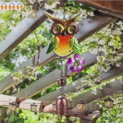 Stained Glass & Iron Owl Garden Wind Chime - Outdoor Patio & Garden Hanging Decor