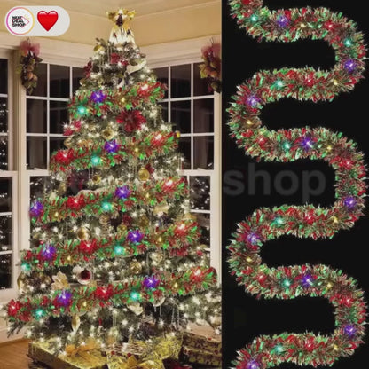 Battery-Powered Christmas Tinsel Garland LED Lights - 16.4ft, Mantel & Tree Holiday Decor