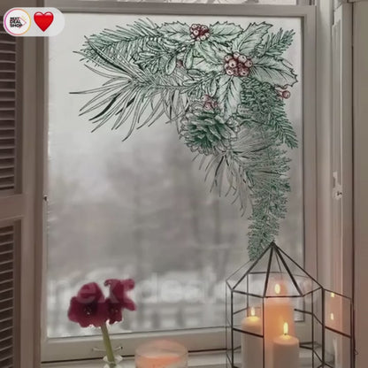 Vintage Christmas Pine Needle & Holly Window Clings - Festive Indoor Glass Holiday Home Decor Accessory