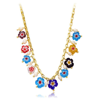 Colorful Handmade Flower and Natural Pearl Link Chain Necklace