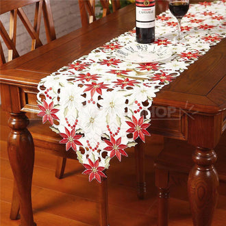 Hand Embroidered Poinsettia Christmas Table Runner
