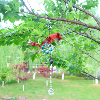 Stained Glass & Iron Red Sparrow Hanging Crystal Sun Catcher